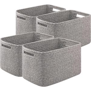 Storage Baskets for Organizing, Woven Decorative Baskets for Shelves - Books, Towels, and Clothes, Cotton Rope Toy Storage Bins, 12.7''Lx9''Wx7.8''H, Pack of 4, Grey