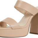 Modatope Platform Heels for Women Square Open Toe Chunky Heel Platform Sandals Two Strap Slip On Heels Wedding Party Dress Shoes (8, Nude Pu)