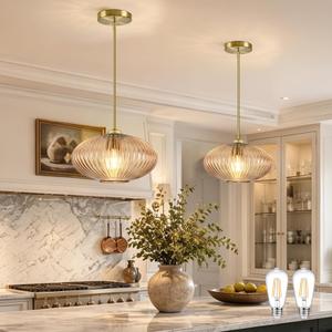 12" Mid Century Modern Pendant Light 2 Pack Amber Vintage Pendant Lights Kitchen Island Ribbed Glass Pendant Light Adjustable Hanging Pendant Light for Dining Room Bedroom (Bulb Included)