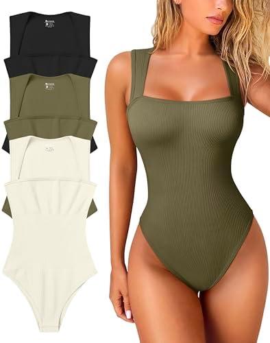 OQQ Women's 3 Piece Bodysuits Sexy Ribbed Strappy Square Neck Sleeveless Tummy Control Tank Tops Bodysuits XL