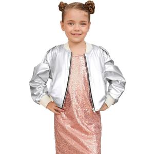 Perfashion Metallic Bomber Jacket for Girls Zip Up Cropped Jacket Sparkly Lightweight Coat Windbreaker with Pockets (12-13 Years, Silver-453)