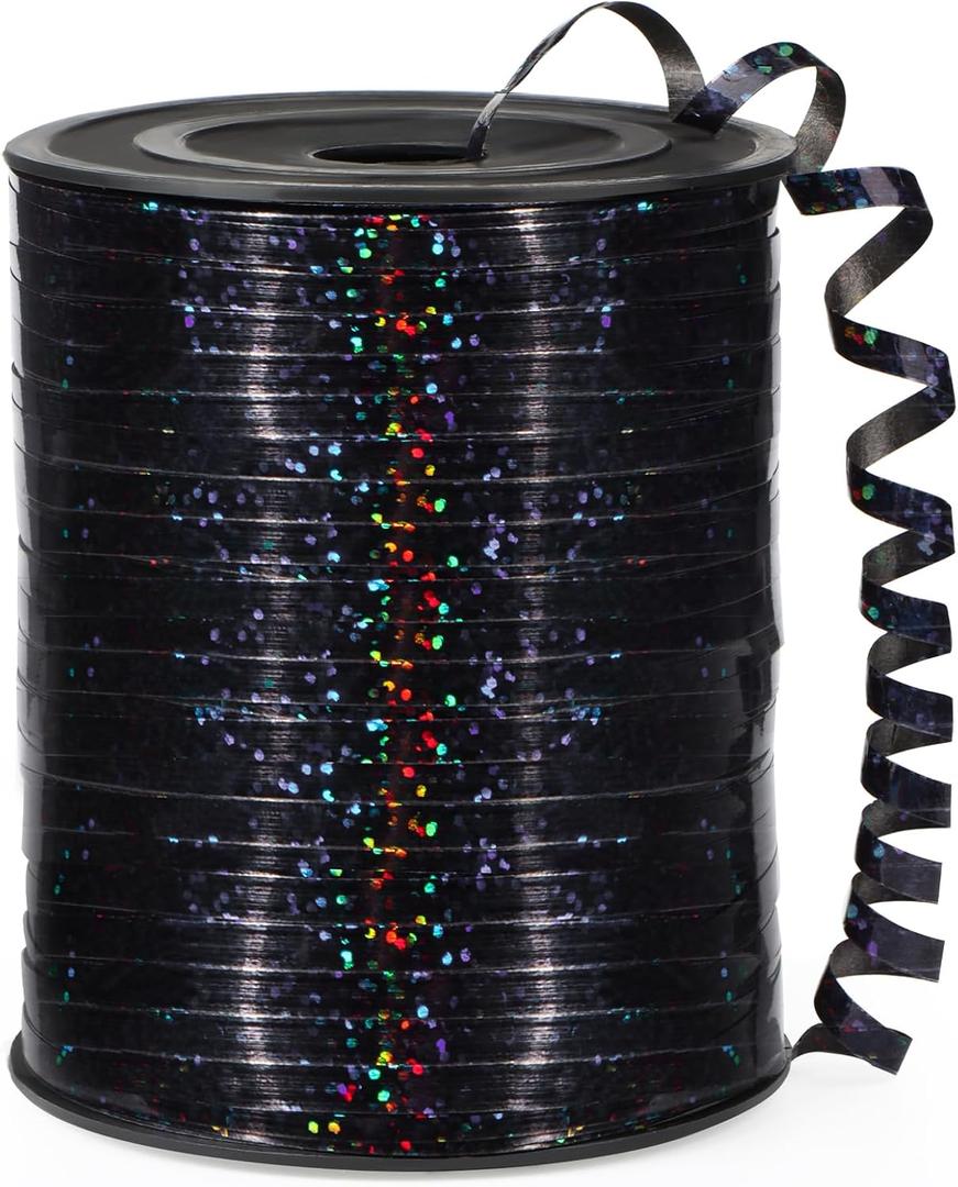Black Curling Ribbon, 500 Yard, Shiny Metallic, Laser Thin, Curly, Perfect for Gift Wrapping, Balloons, Crafts, Parties, Occasions, Black, Plastic, Celebratory