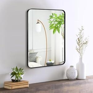 Minuover Wall Mount Small Mirror, Brushed Black Metal Framed Rounded Corner Rectangular Makeup Mirror for Bathroom, Bedroom, Living Room (12" x 16", Black)