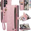 Defense case Compatible with Samsung Galaxy S23 Ultra Case Wallet with RFID Blocking Card Holder for Women Men, PU Leather Magnetic Snap Flip Zipper Strap Phone Case Fit for Galaxy S23 Ultra 5G, Pink (Airy Rose Pink)