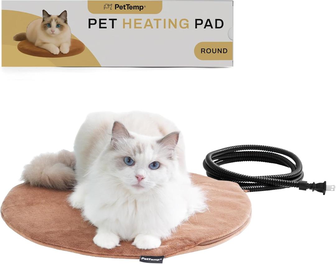Pet Heating Pad for Cats Dogs Indoor & Sheltered Outdoor Waterproof Heated Cat Bed Heated Dog Bed Chew Resistant Cord Constant Temperature Brown Round 16 Inch