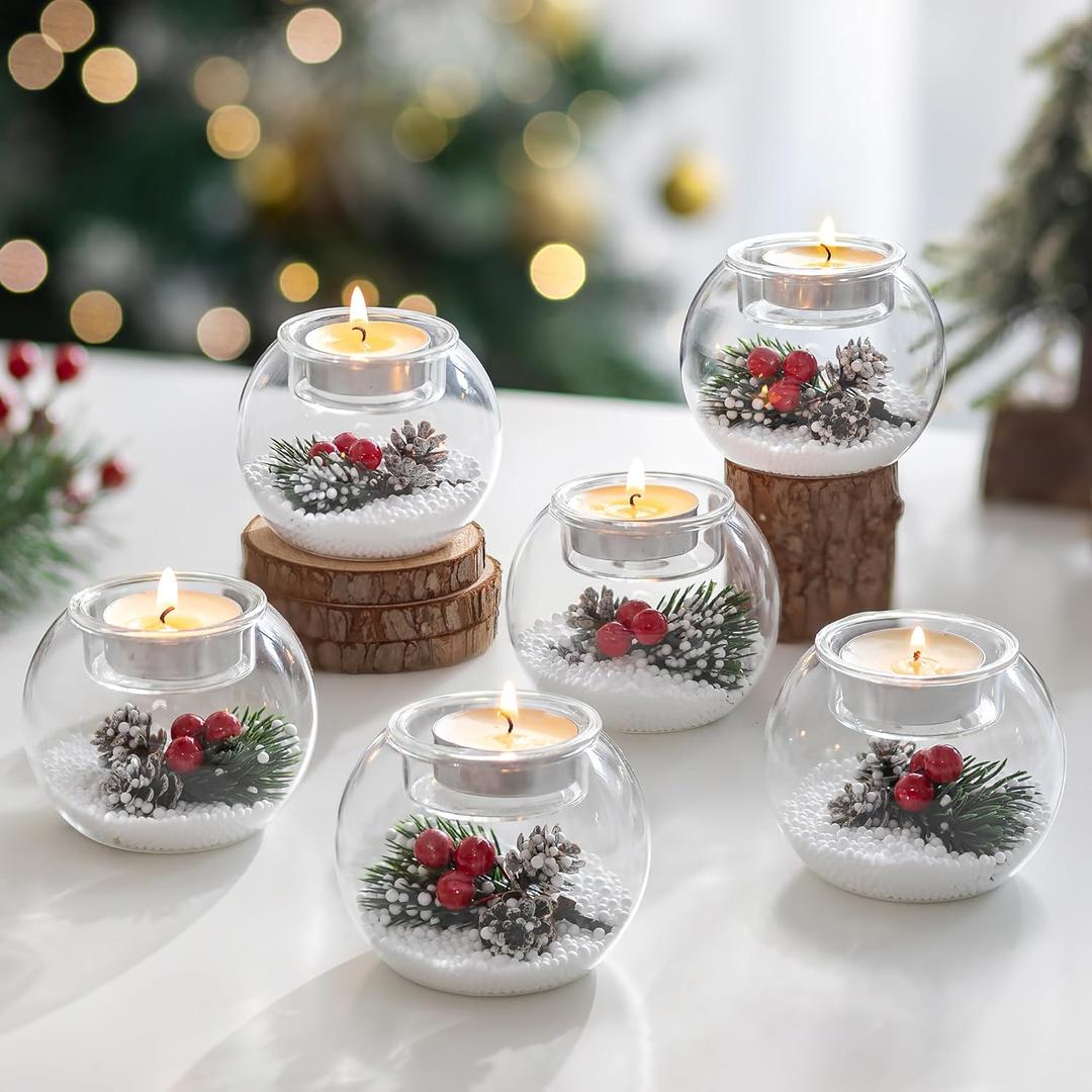 Glasseam Christmas Votive Candle Holders: Glass Tealight Candle Holder Set of 6 with Red Berry and Snow Pinecone Decorative Candle Holders for Table Centerpiece Party Christmas Decor Advent Gifts