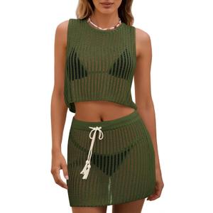 Fisoew Womens 2 Piece Crochet Sets Sleeveless Crop Tops Cover Up Beach Mini Skirt Outfits Vacation Sets (Green, M)
