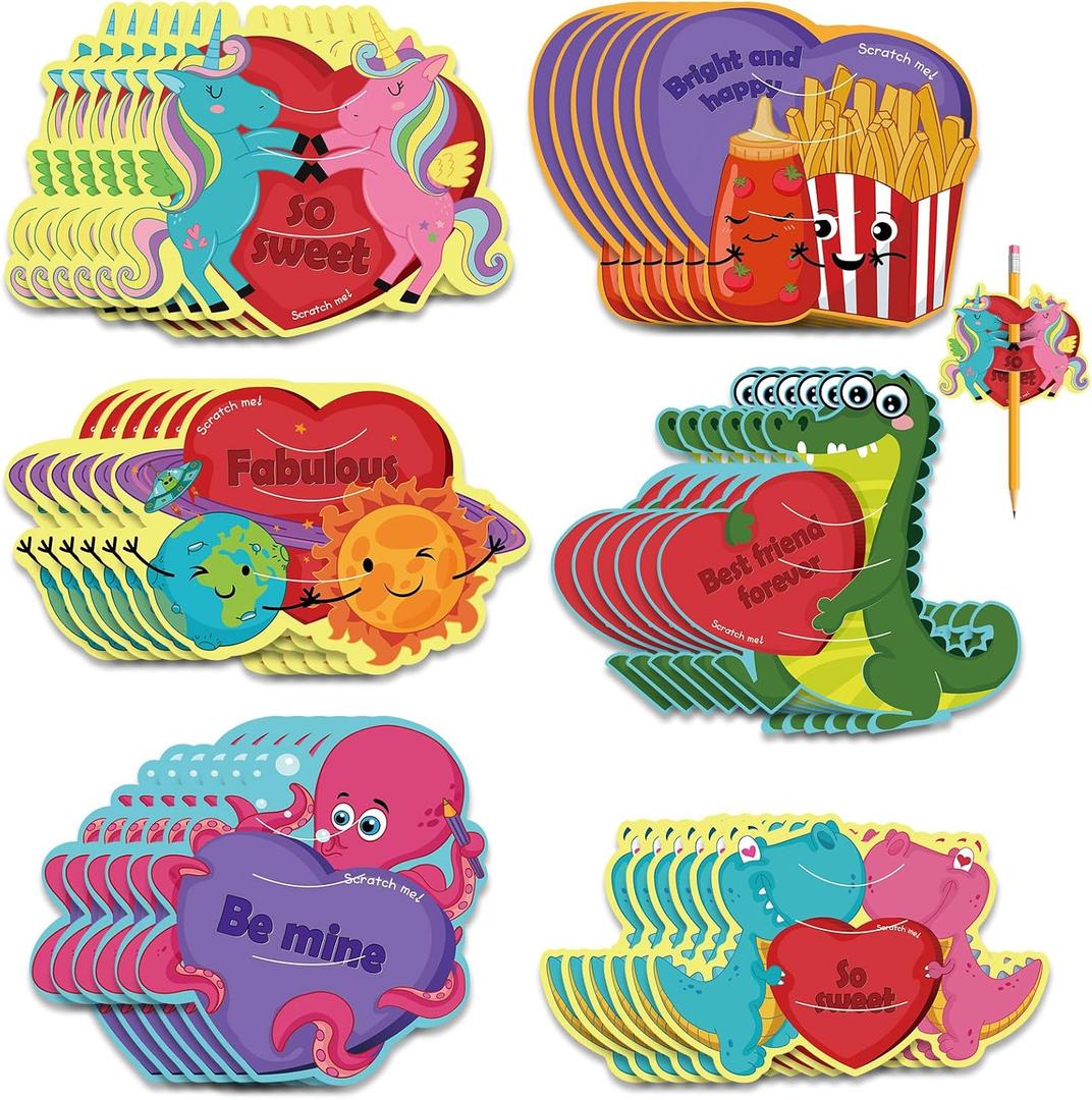 36 Pieces Valentine's Day Cards Scratch and Sniff Pencil Toppers, 6 Patterns and Scents Scratch and Sniff Cards with 36 Envelopes for School Exchange Presents Party Favors(Pencil Is Not Included)