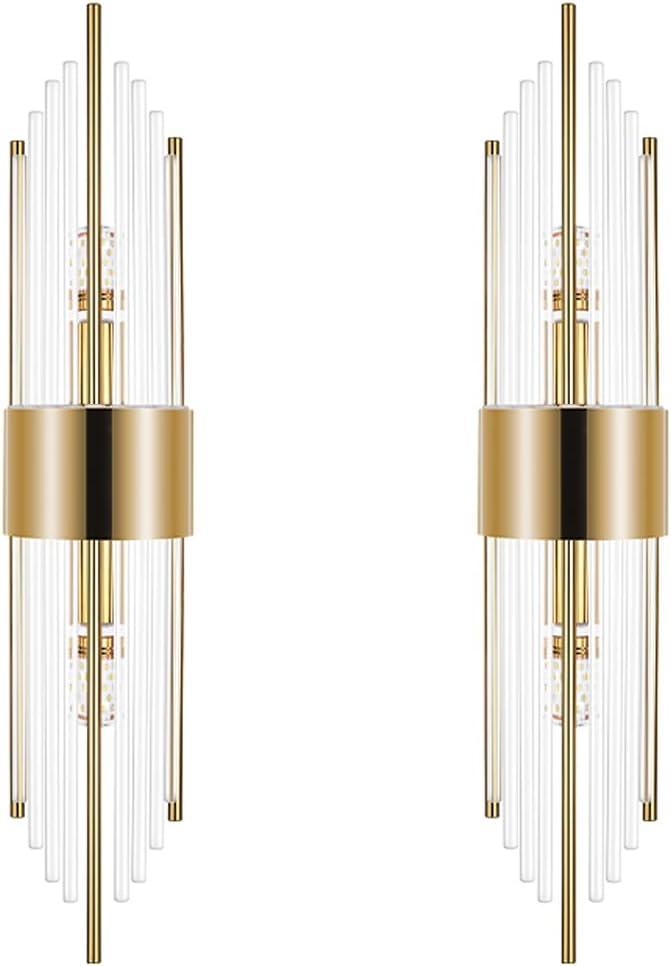 2-Light Modern Brushed Titanium Gold Wall Sconce, 100W Crystal Luxury Wall Light Fixtures Set of 2, 200LM Gold Vertical Rod Design, for Living Room, Bedroom, Bathroom, Vanity(Gold)