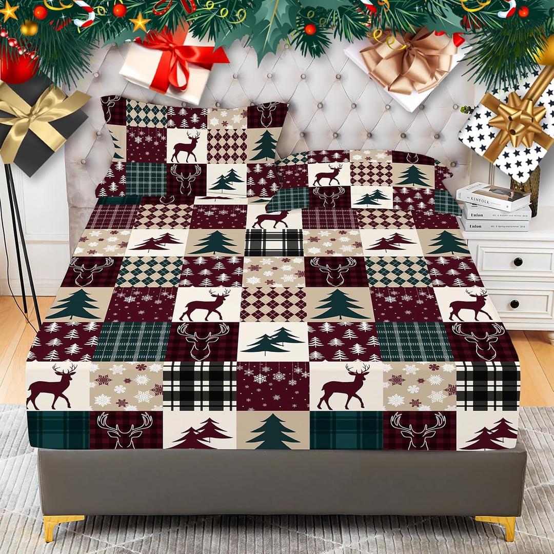 YIYEA Christmas Fitted Sheet with Pillowcase, Premium Double Brushed Microfiber Fitted Bottom Sheet, 16" Deep Pocket, Ultra Soft, Shrinkage, Fade Resistant, Twin Size (11# Patchwork)