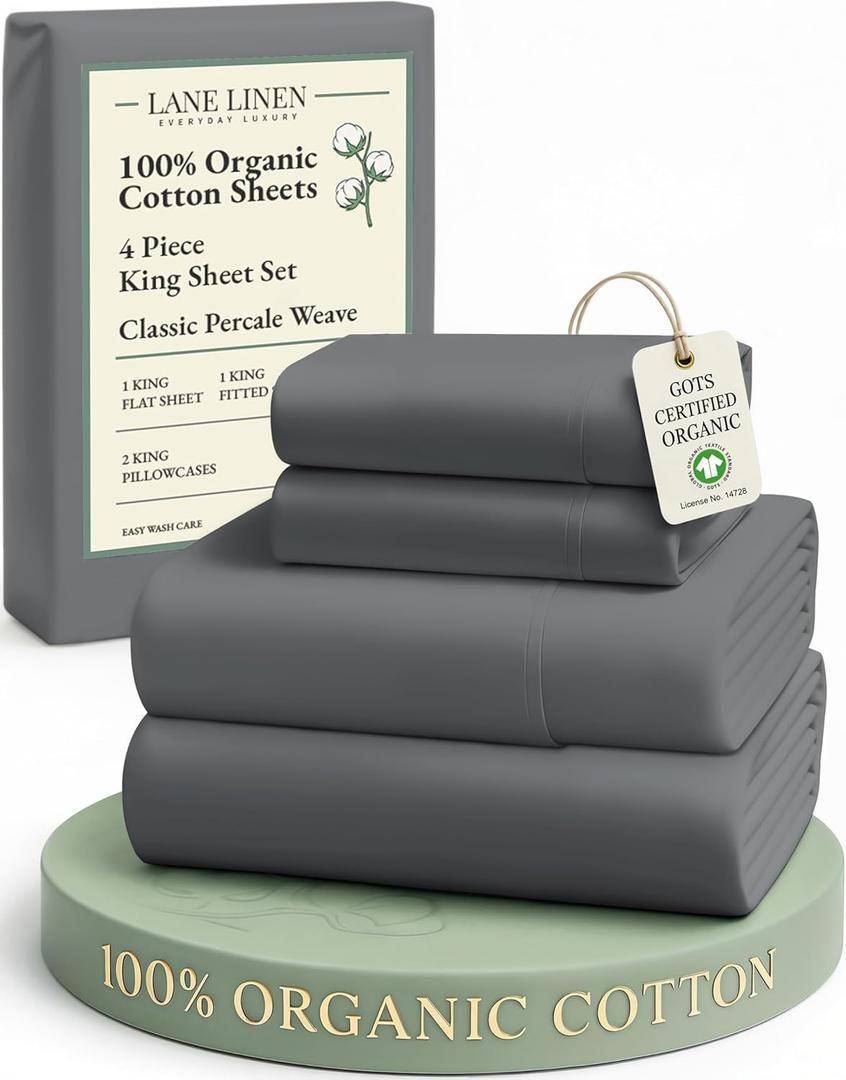 LANE LINEN 100% Organic Cotton Sheets King Size Machine Washable Fully Elasticized Soft & Comfy Mercerized Sustainably Produced All Season Eco Friendly Cotton Sheets sbanas King- Charcoal