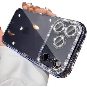 Clear Glitter Case for iPhone 17 Pro, Cute Luxury Bling Sparkly Diamond Rhinestone with Camera Lens Protector TPU Plating Bumper Slim Transparent Women Girls Case for iPhone 17 Pro 6.3", Blue