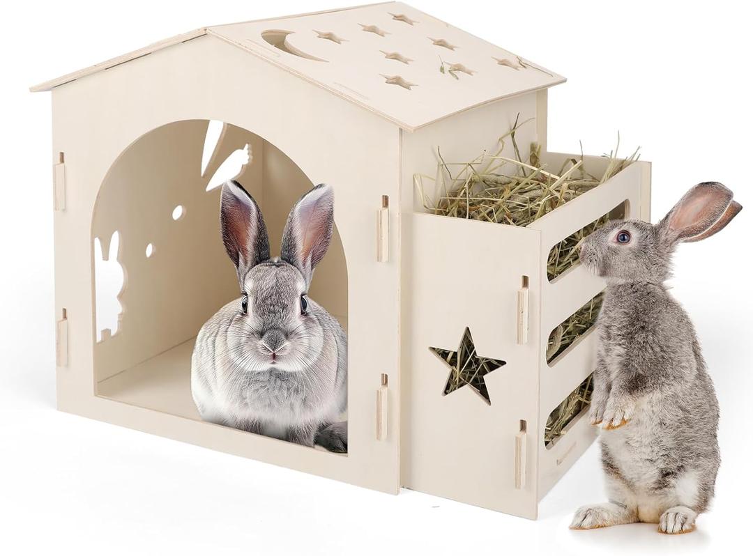 Extra Large Rabbit House & Rabbit Hay Feeder, Indoor Bunny Castle with Feeder, Small Animal Houses & Habitats and Guinea Pig Hay Feeder (Medium)