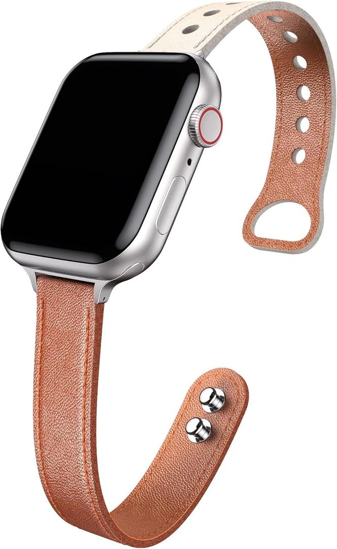 Thin Leather Bands Compatible with Apple Watch Band 38mm 40mm 41mm 42mm 44mm 45mm 46mm for Women, Slim Leather Wristbands for Women for iWatch Series 10 9 8 7 6 5 4 3 2 1 SE