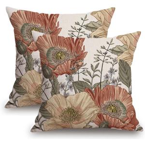 TSSOHU Vintage Flower Throw Pillow Covers 20x20 Brown Rust Colored Floral Botanical Pattern Decorative Pillows Outdoor Linen Farmhouse Cushion Case Country Pillowcase for Sofa Bed Room Decor Set of 2
