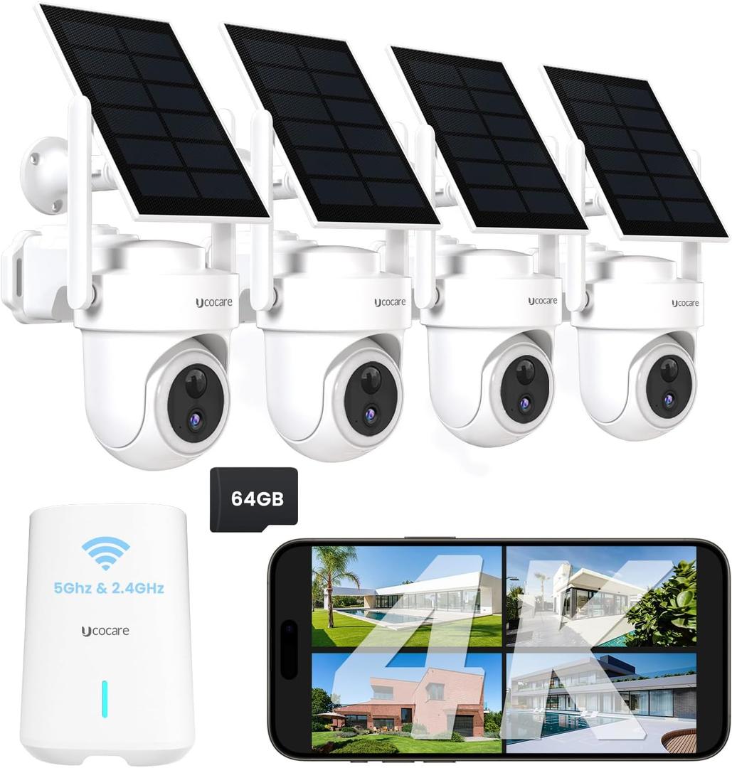UCOCARE Home Security Camera System 4K, 8MP Solar Cameras Wireless Outdoor for Home Security with 64GB TF Card, Bastation, 300m WiFi Coverage, Built in Radar, 5G & 2.4G WiFi, Auto Tracking, 4 Cam-Kit