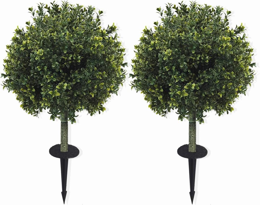 2-Pack 29" UV-Resistant Boxwood Topiary Ball Trees | Artificial Outdoor Plants with Ground Spikes for Porch, Patio, Planters & Indoor Decor