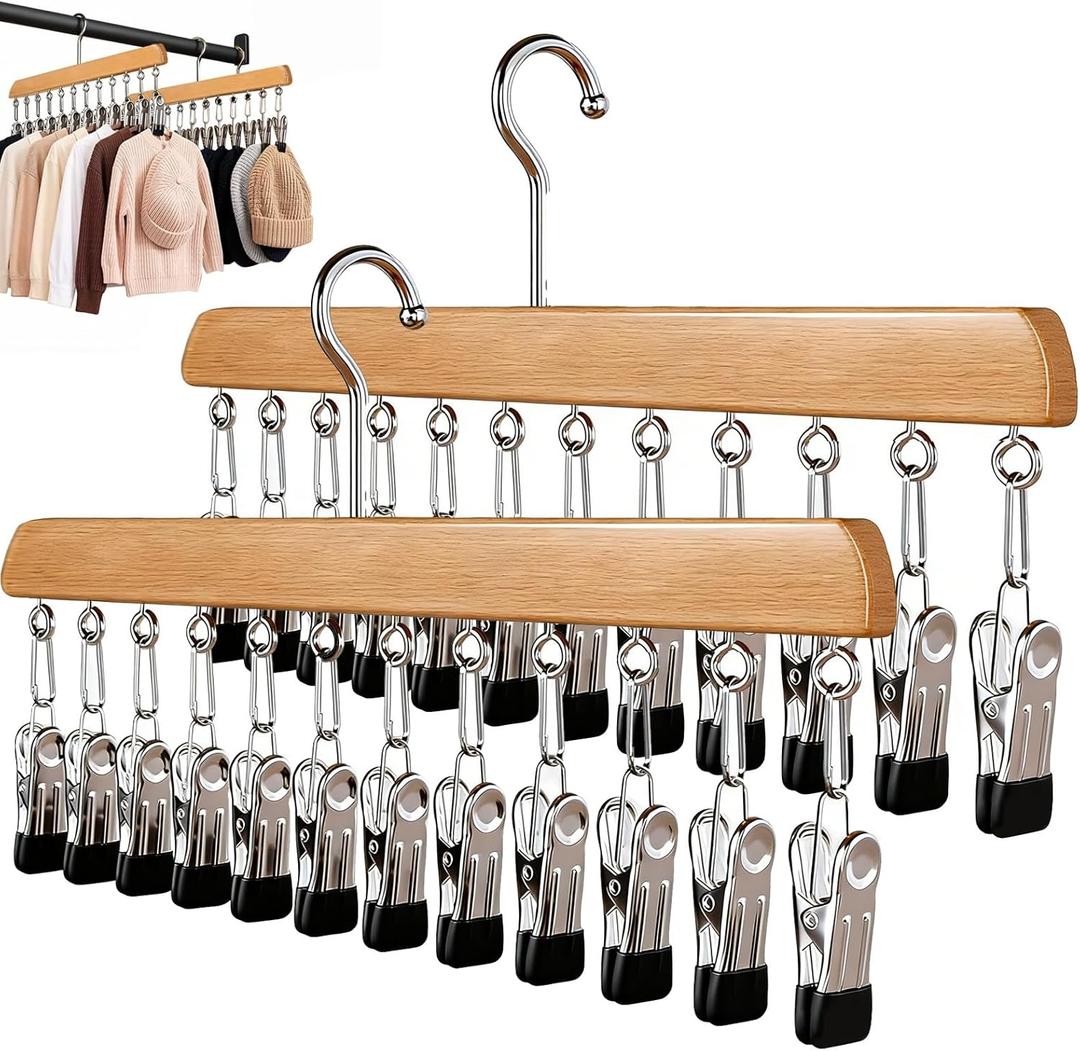 2Pcs Closet Organizer with 10 Clips, Space Saving Hanging Closet Organizer, Legging Organizers for Closets, Adjustable Stainless Steel Clips (Wood)