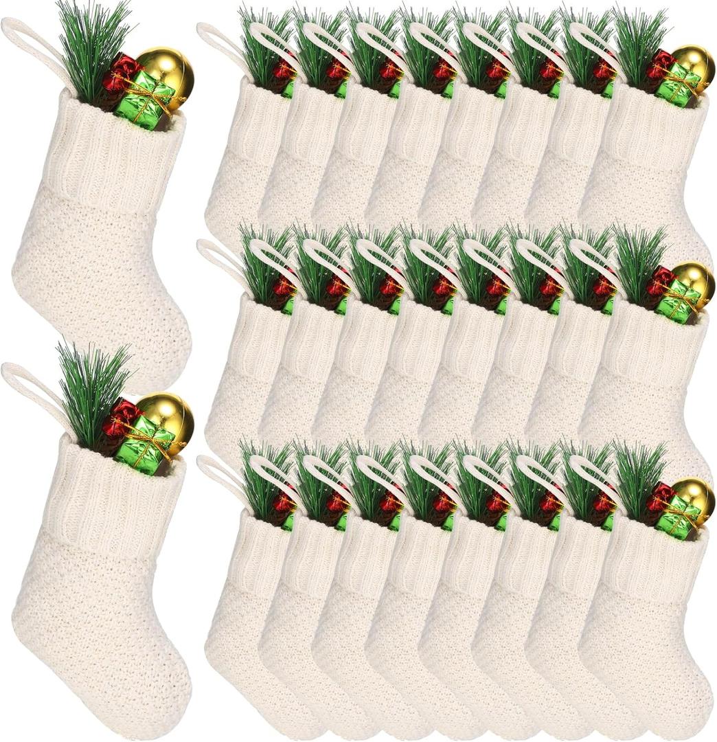 Zubebe 24 Pcs 7 Inch Christmas Mini Stockings Knit Christmas Rustic Cable Stocking Small Farmhouse Fireplace Hanging Ornament for Tree Xmas Holiday Family Party Decor(Ivory)