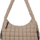 Quilted Puffer Tote Bag Puffy Crossbody Shoulder Bag with Zipper, Nylon Hobo Handbag Travel Carryall Bags for Women Girls (Medium, Khaki)