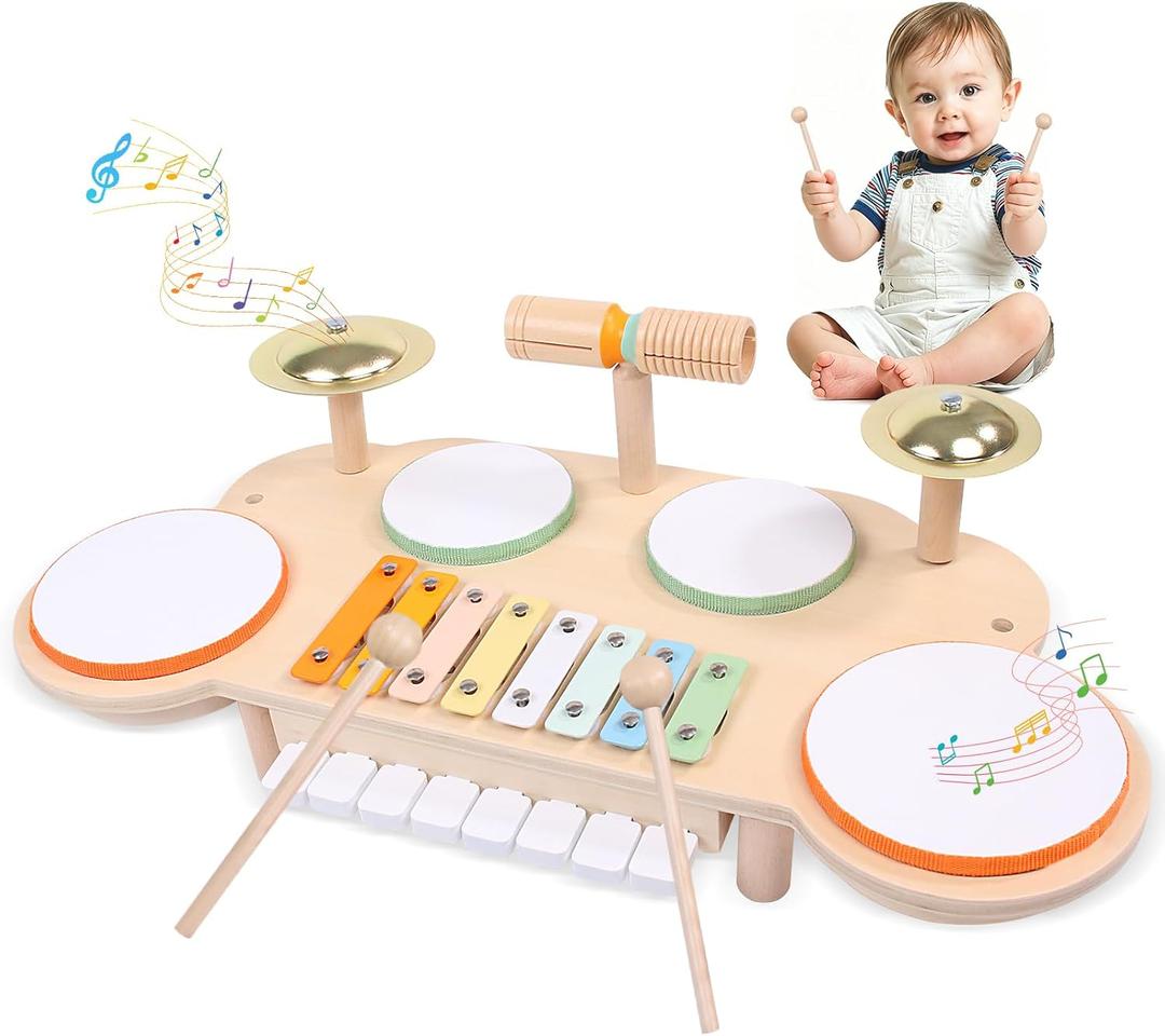 Toddler Drum Set - Montessori Toys for 2 Year Old, Wooden Baby Musical Instruments for Toddlers 2-5, Preschool Learning Musical Toys with Xylophone, Piano, Birthday Gifts for 18 Months Boys Girls, Large