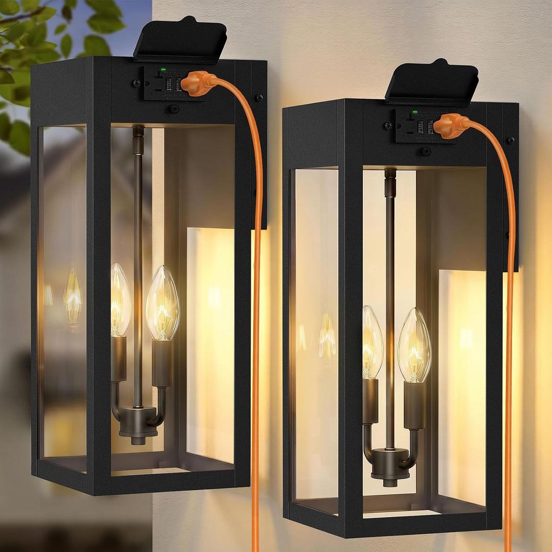 2-Pack 17.87" Extra Large Outdoor Wall Lights with GFCI Outlet, Black 2-Light Porch Lights Outdoor, Waterproof Exterior Lamp with E12 Sockets for House, Porch, Patio, Garage