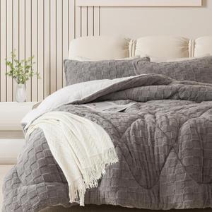 ELNIDO QUEEN® Fluffy Comforter Set Queen, Grey Winter Fleece Comforter Ultra Soft & Extra Pluffy Plush Comforter Set, Cozy Fuzzy Bed Comforter 3 Pieces (1Comforter, 2 Pillowcases), 92x88 inch