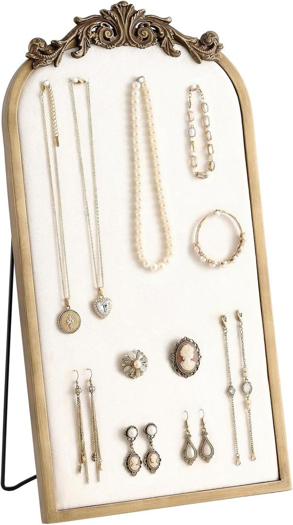Wonderjune 24.8 x 13 Inch Gold Vintage Jewelry Display Stand Large Resin Photo Frame Earring Holder Organizer Velvet Necklace Display Pin Board with 80 Pins for Vendors Jewelry Collectibles(Arched)