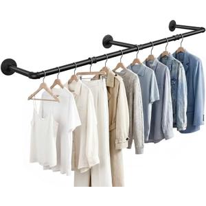 Industrial Pipe Clothes Rack, 50" Wall Mounted Iron Garment Rack, Heavy Duty Space-Saving Clothing Bar, Multi-Purpose Hanging Rod for Bedroom, Laundry Room and Closet Storage, Black
