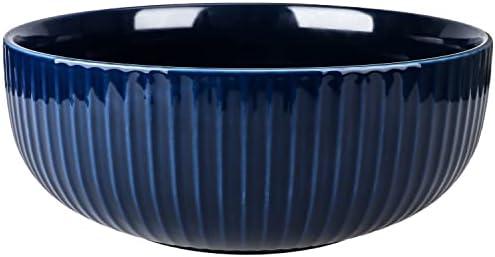 UUEMB Extra Large Salad Bowl, 2800ml Ceramic Fruit Bowl, Stylish Navy Blue Bowl Round Vertical Stripe, Soup Bowl, Serving Bowl for Salad, Fruit, Noodle, Soup(23.5x8.8cm, 95oz)