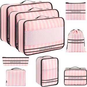 9 Set Packing Cubes Luggage Packing Organizers for Travel Accessories Space Saving Travel Bags for Carry On, Lightweight Mesh Zipper, Clothes, Shoes and Laundry Bag, Suitcases (Pink Streak)