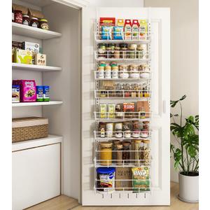 Over The Door Pantry Organizer, Wall Mount Spice Rack, Pantry Hanging Storage and Organization, 8 Adjustable Baskets Heavy-Duty Metal for Home & Kitchen, Back of Door Seasoning Rack - White (8-Tier)