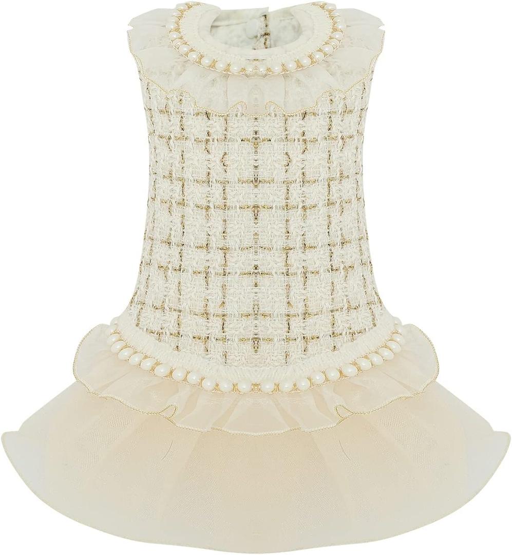 Dog Plaid Dress Lace Tulle Tutu Princess Skirt with Pearls Accessory for Small Girl Dogs Christmas Holiday Wedding Birthday Party (White, L)