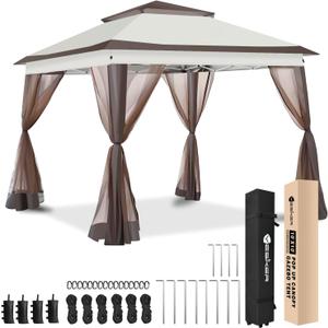 Yesker 10x10 Pop Up Canopy Tent w Mesh Netting Sidewall Vented Top - Heavy Duty Outdoor Canopy, Easy Setup Shelter Gazebo Waterproof 10x10 Popup Tnets for Patio Backyard Parties & Events, Khaki Brown