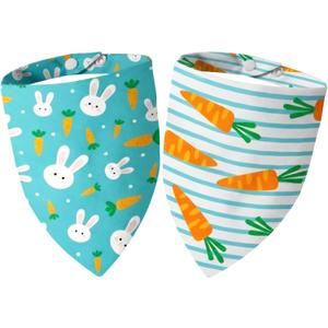 Dimidium Easter Dog Bandanas 2-Pack - Cute Design, White Green Stripe Carrot Print & Green Base Bunny Carrot Motif, Snap Button Adjustable Pet Scarf for Large Breeds (30-75lbs)
