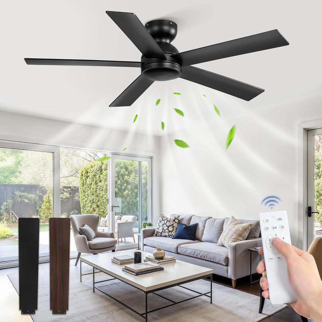 48 Inch Flush Mount Ceiling Fan no Light, Black Ceiling Fan with Remote, 6-Speeds, Quiet Reversible DC Motor, Indoor/Outdoor Ceiling Fans without Lights for Patio, Living Room, Bedroom