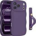 GUAGUA for iPhone 17 Pro Max Case with Wrist Strap, Wavy Edge Phone Case Cute Curly Shape with Adjustable Wristband Kickstand Shockproof Anti Slip Phone Case for iPhone 17 Pro Max 6.9'', Deep Purple