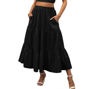 ANRABESS Womens Summer Boho Flowy Swing Tiered A-Line Maxi Skirt 2025 Fashion Trendy Elastic Waist Pleated Long Beach Dress, L