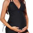 Summer Mae Maternity Two-Piece Halter Swimsuit Tankini V-Neck Side Tie Bathing Suit Pregnancy High Waist Swimwear (XX-Large, Black)