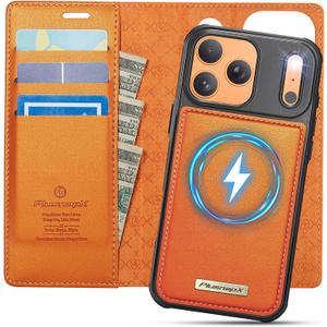 Wallet Case for iPhone 17 Pro Max Compatible with Magsafe, 2-in-1 PU Leather Flip RFID Blocking Card Holder Stand Shockproof Magnetic Detachable Cover for iPhone 17 Pro Max 6.9", Orange