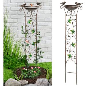 LEWIS&WAYNE Garden Trellis Bird Bath Outdoor, 40 Inch Antique Iron Garden Plant Trellis Decorative with Hummingbirds and Detachable Drinking Basin Bowl, Free Standing BirdBath Birdfeeder Station