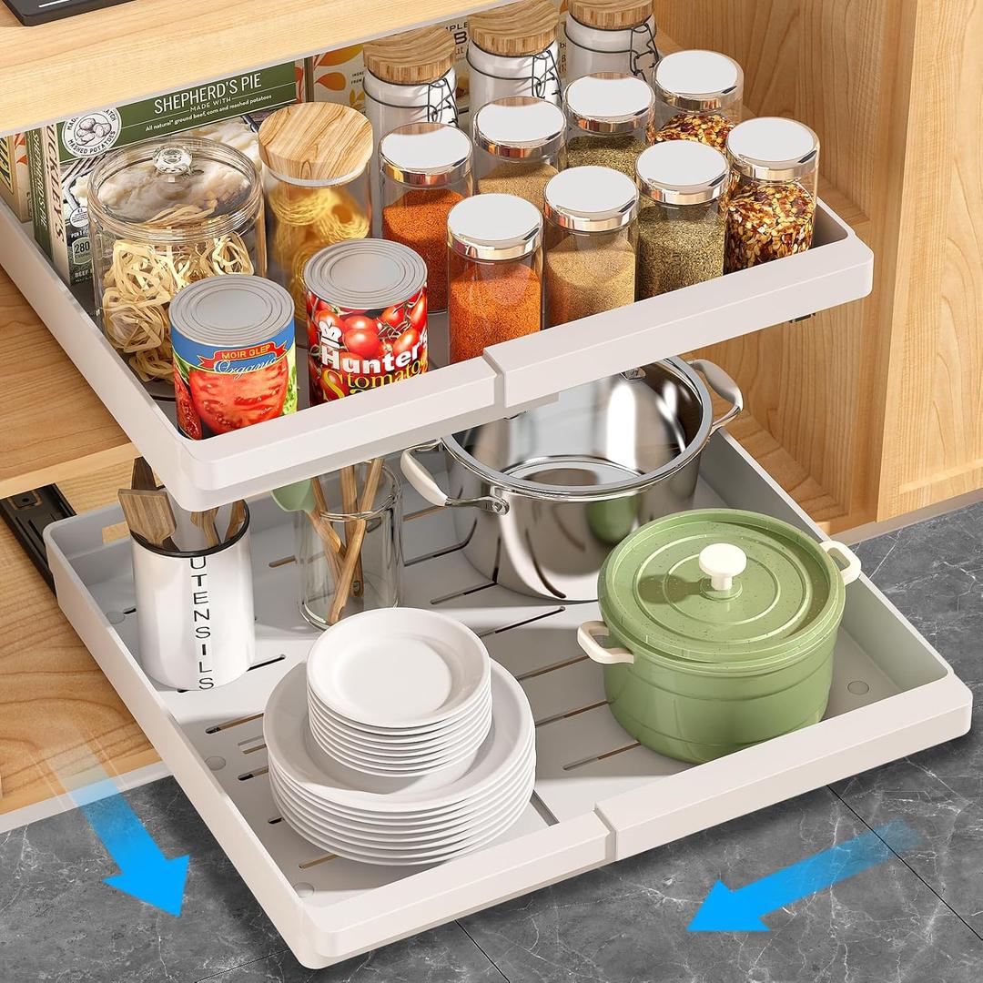 DOMNIU 2 Pack Pull Out Cabinet Organizers Expandable (13''-19''), Plastic Slide Out Drawers for Kitchen, Bathroom, Pantry, Under Sink Storage, Pull Out Drawers Fixed with Adhesive Nano Film (White)