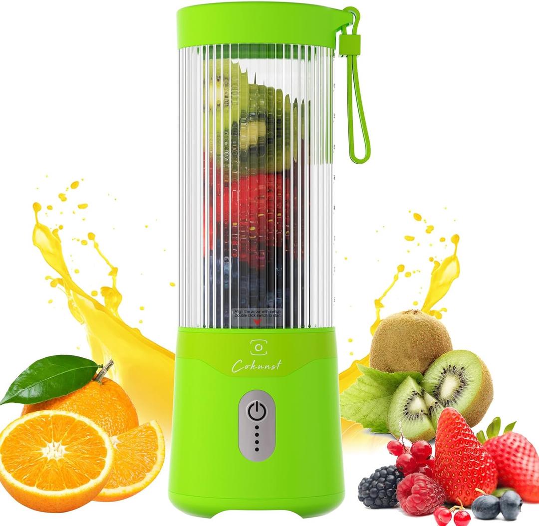 COKUNST Portable Blender, USB Rechargeable Personal Blender for Smoothies, 16 OZ Mini Juicer Mixer with 6 Blades, Small Blenders Cup with 2 Lids, Shake Bottle for Travel, Office, Gym, Kitchen Green