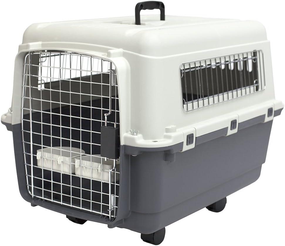 SportPet Designs Plastic Kennels Rolling Plastic Wire Door Travel Dog Crate - Medium, Gray (CM-2001-CS01)