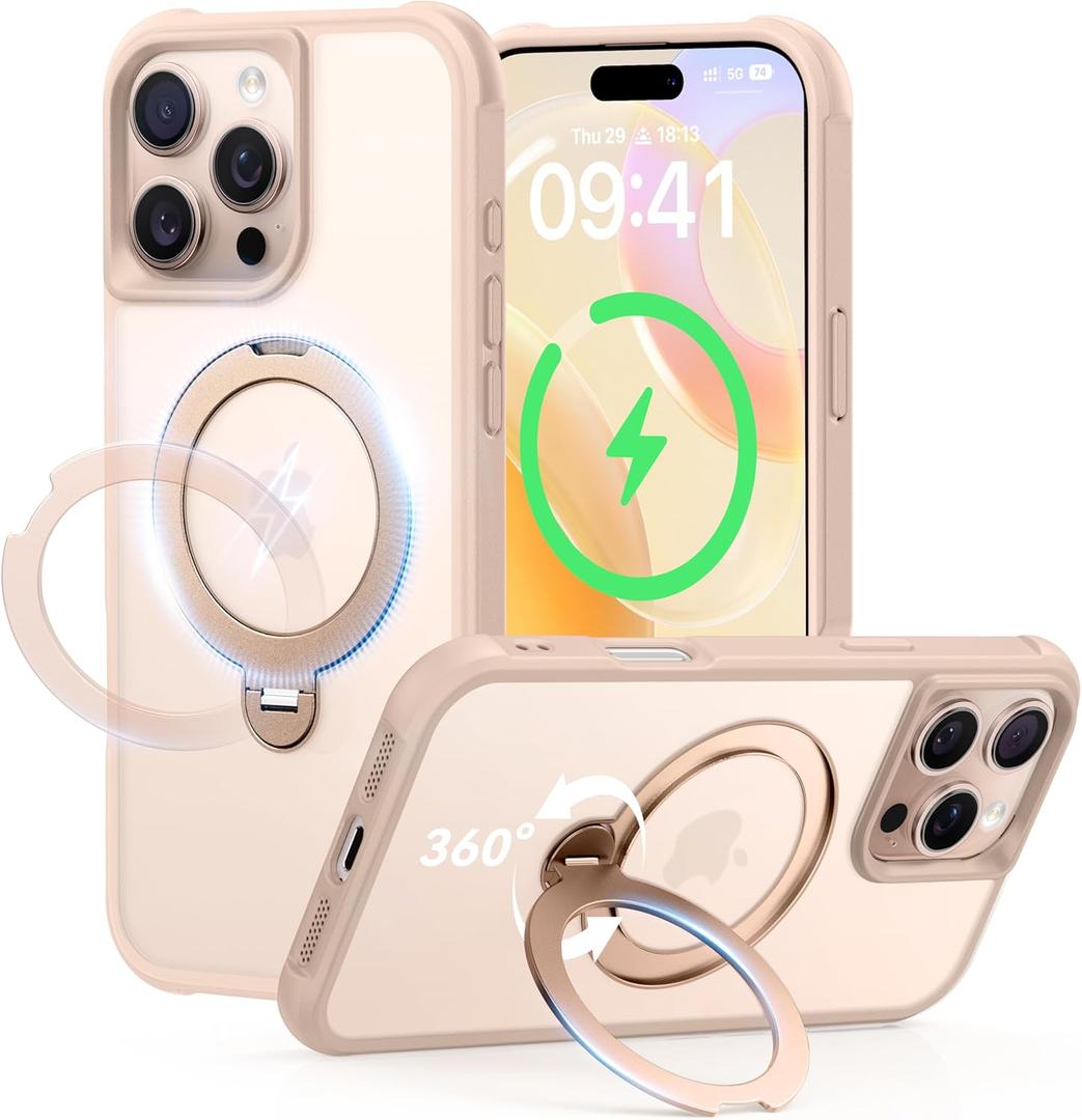 360 Spin Magnetic Stand (Pro-Version) for iPhone 16 Pro Max Case (Compatible with MagSafe) [Military Drop Protection] Matte Translucent Shockproof Protective Phone Case 6.9'', Desert Titanium