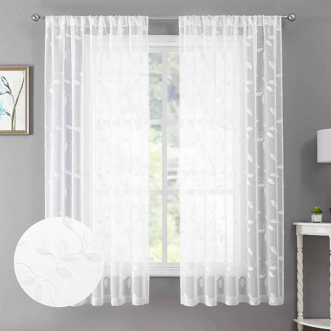 Tollpiz White Leaf Sheer Curtain Bedroom 38 x 63 Inches