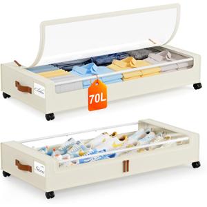 Yecaye Under Bed Storage with Wheels 2Pack, 70L Larger Capacity Under Bed Storage Containers, Underbed Shoe Storage Organizer, Rolling Under Bed Metal Drawers for Clothes, Blankets(35.5 x 17 x 6.7in)