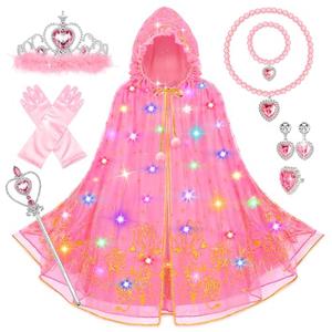 Jeowoqao Princess Dress up for Girls 4-6, Light up Princess Cape with Crown Gloves Princess Toys for Girls 3-6 Halloween