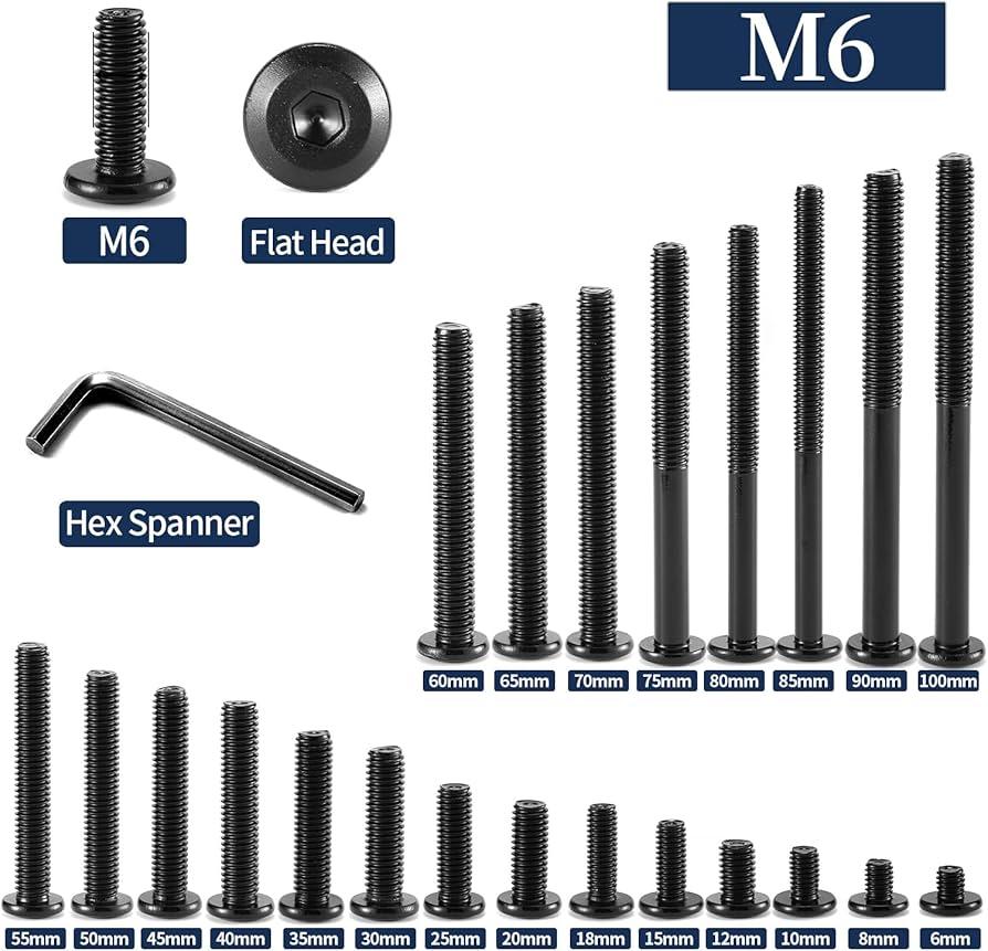 61Pcs M6 Flat Head Hex Socket Cap Screws Assortment Kit, M6 x 12mm/15mm/20mm/25mm/30mm/35mm/40mm/50mm/60mm Socket Cap Bolts,304 Stainless Steel 188, Full Thread, Black Oxide with Hex Spanner