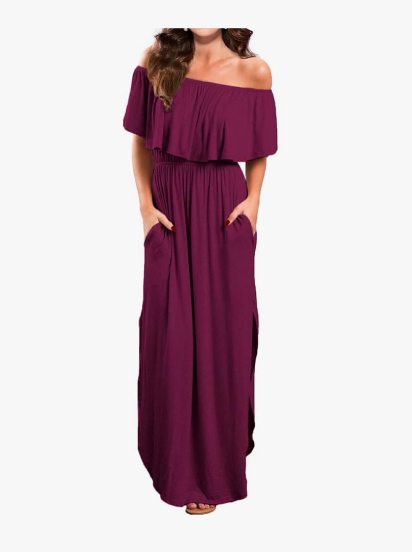 VERABENDI Women's Off Shoulder Summer Casual Long Ruffle Beach Maxi Dress with Pockets Mulberry, Small